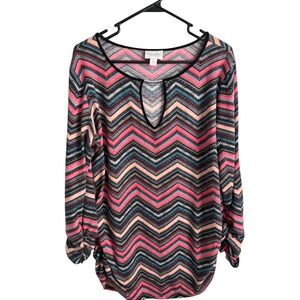 Bisou Bisou Michele Bohbot Chevron Tribal Print Keyhole Neck Top XL Pink Blue